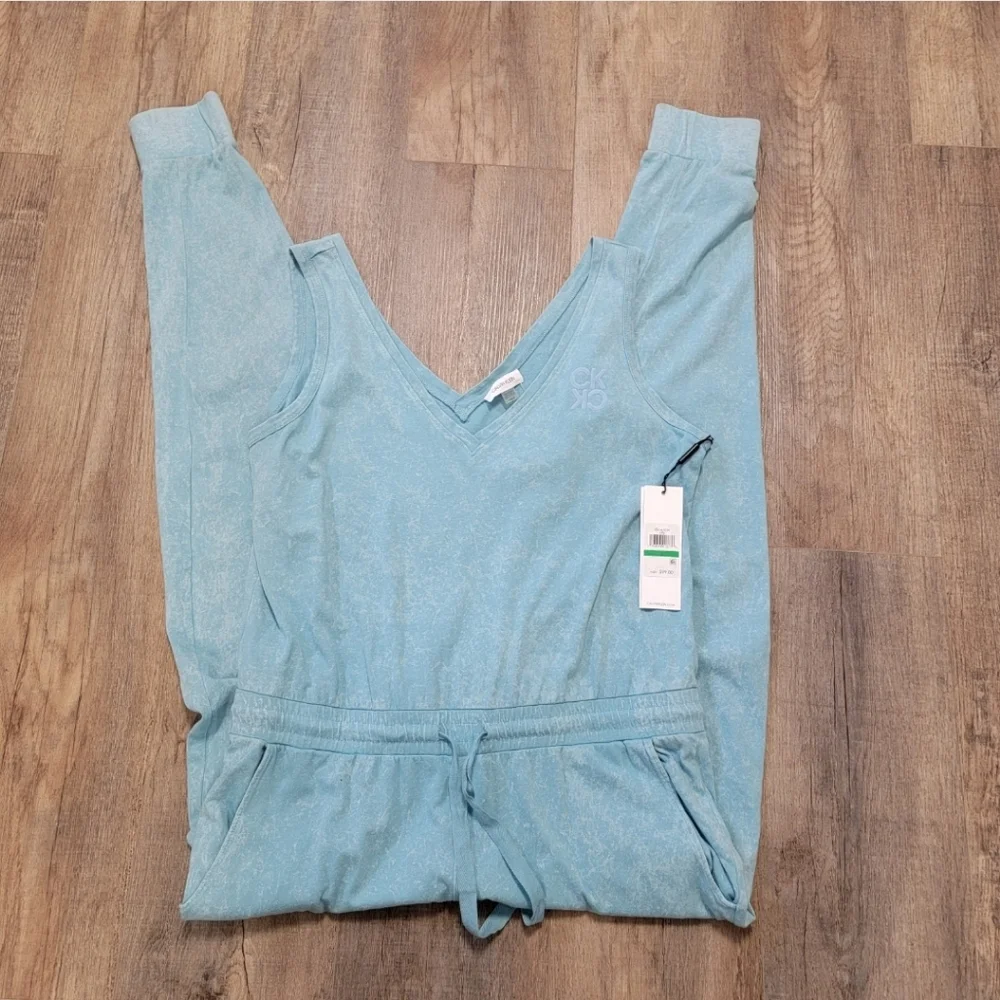 Calvin Klein Athletic Jumpsuit Romper Sleeveless Drawstring Waist Aqua NWT Large